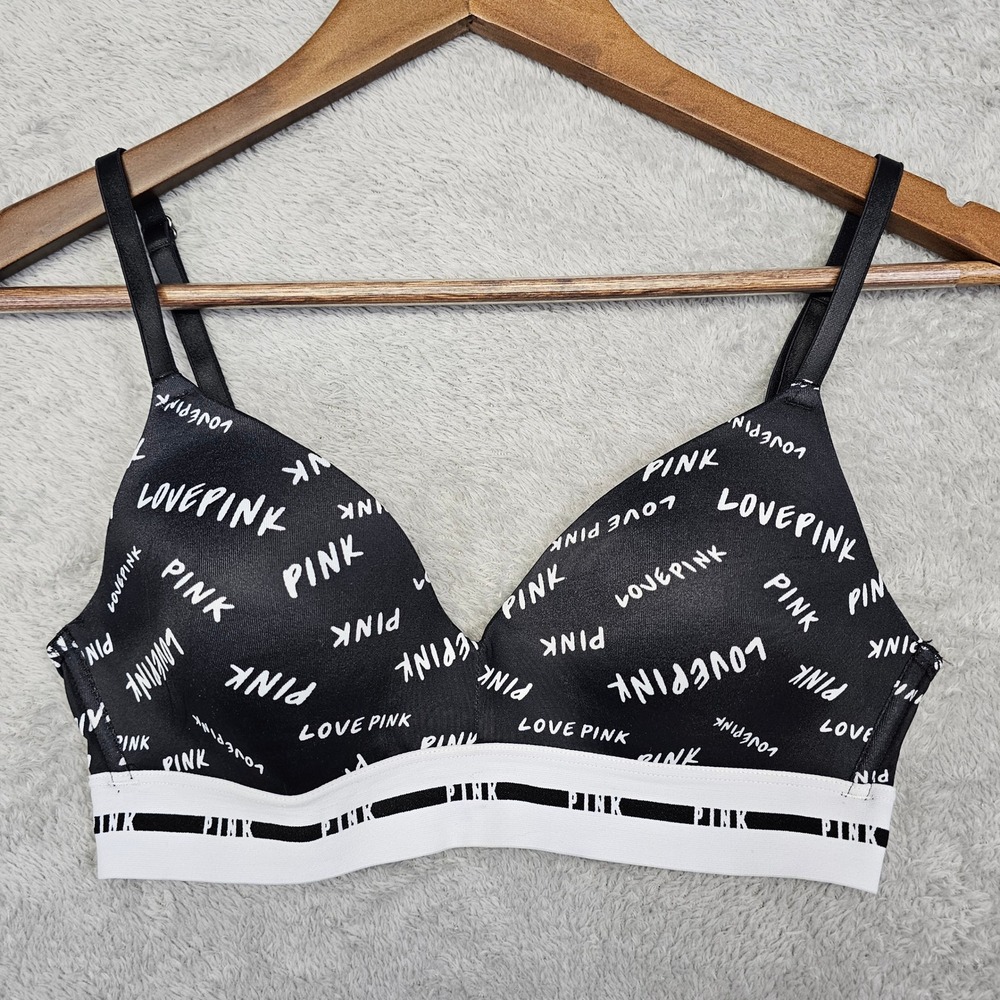 Victoria's Secret PINK Wear‎ Everywear Wireless Bra 32C Black Logo Adjustable